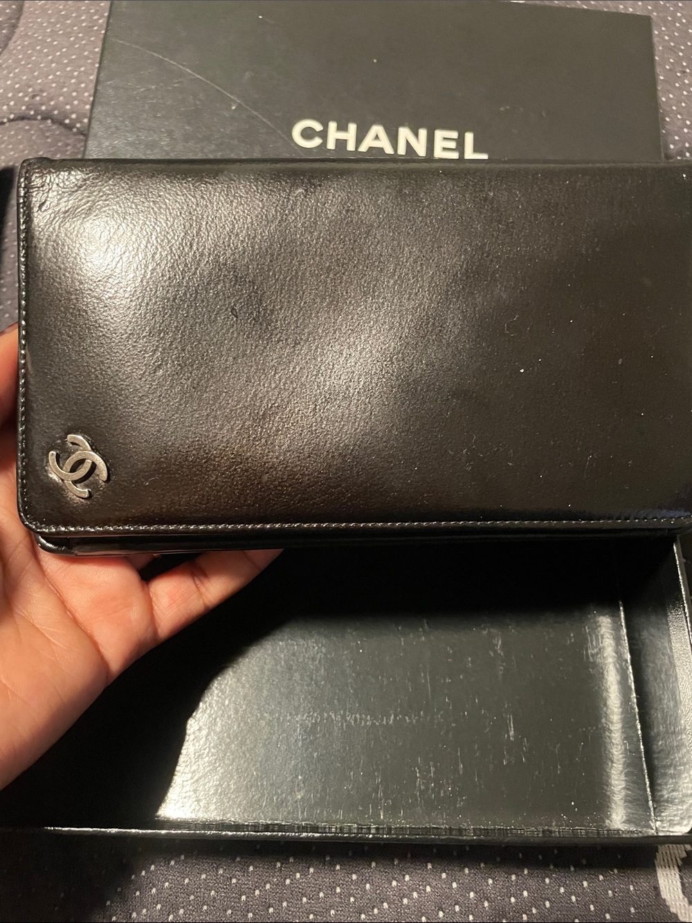 Authentic CHANEL Black Leather Long Wallet with Silver CC Emblem